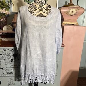 Lungo L'arno Sz XL 100% Linen Tunic Blouse In Pale Blue. Made In Italy.
